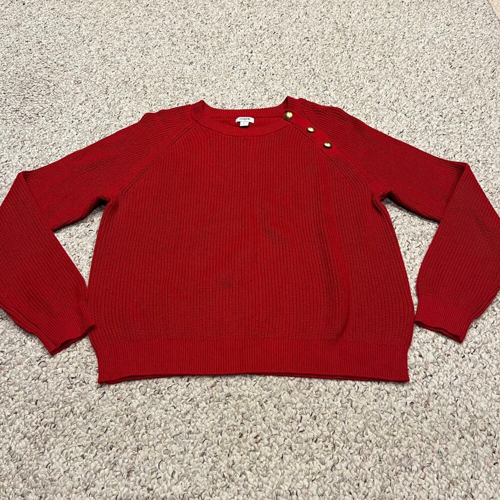 J Crew Button Raglan Crewneck Sweater Women's Sz L Red Preppy Casual Old Money